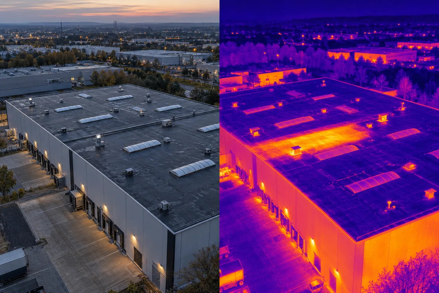 Demonstration RGB and thermal comparison of an industrial roof inspection