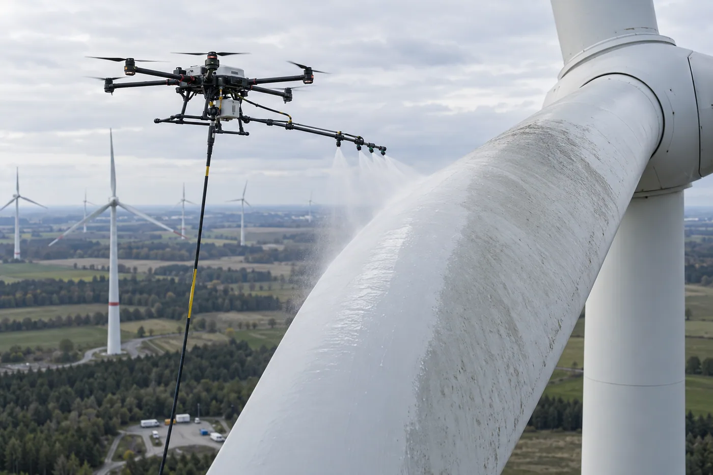 Demonstration of a specialist hose-fed drone cleaning a stationary wind turbine blade
