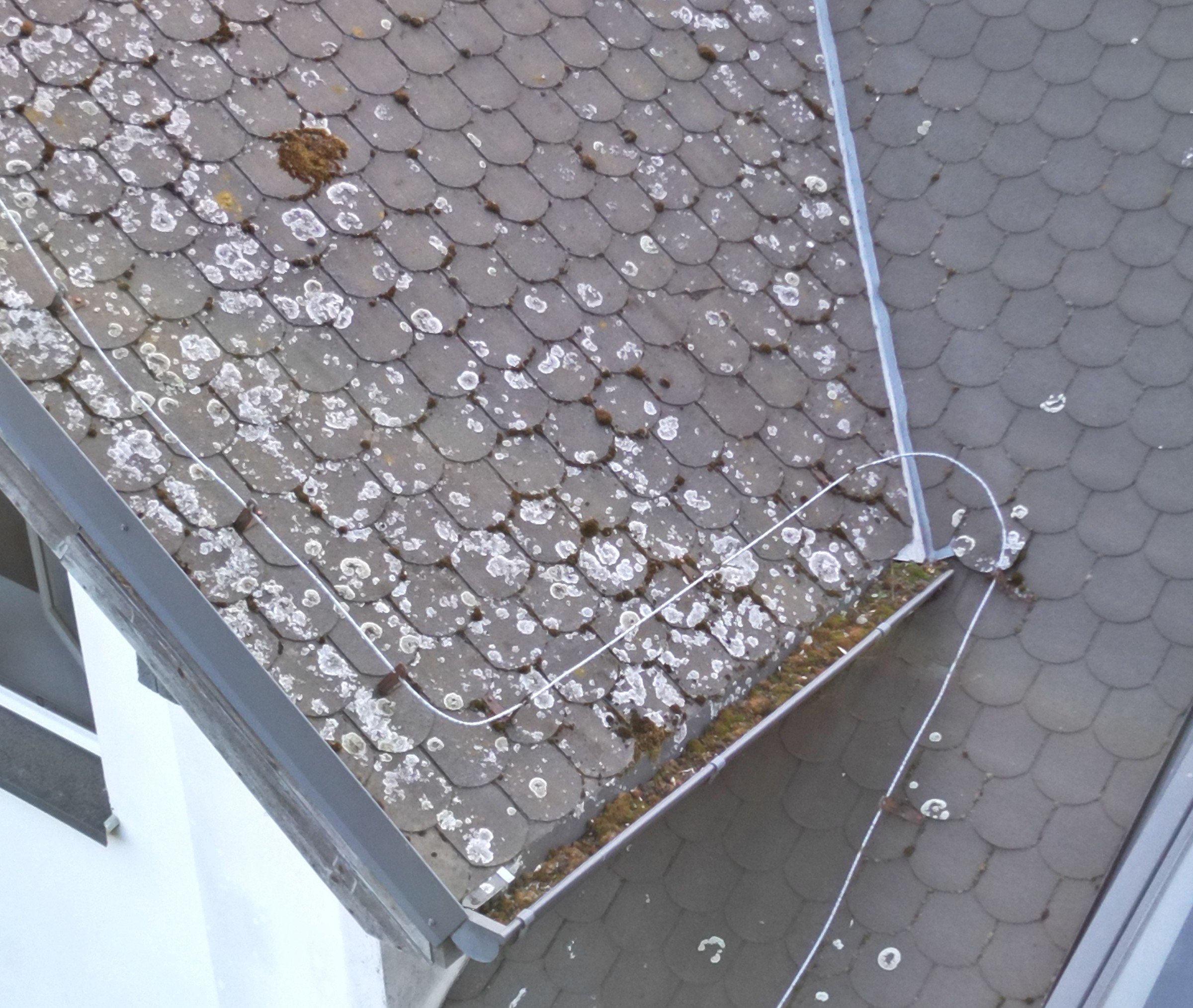 Close view of the junction of two roof planes, showing deposits, moss-like accumulations and a cable forming a loop near metal flashing.