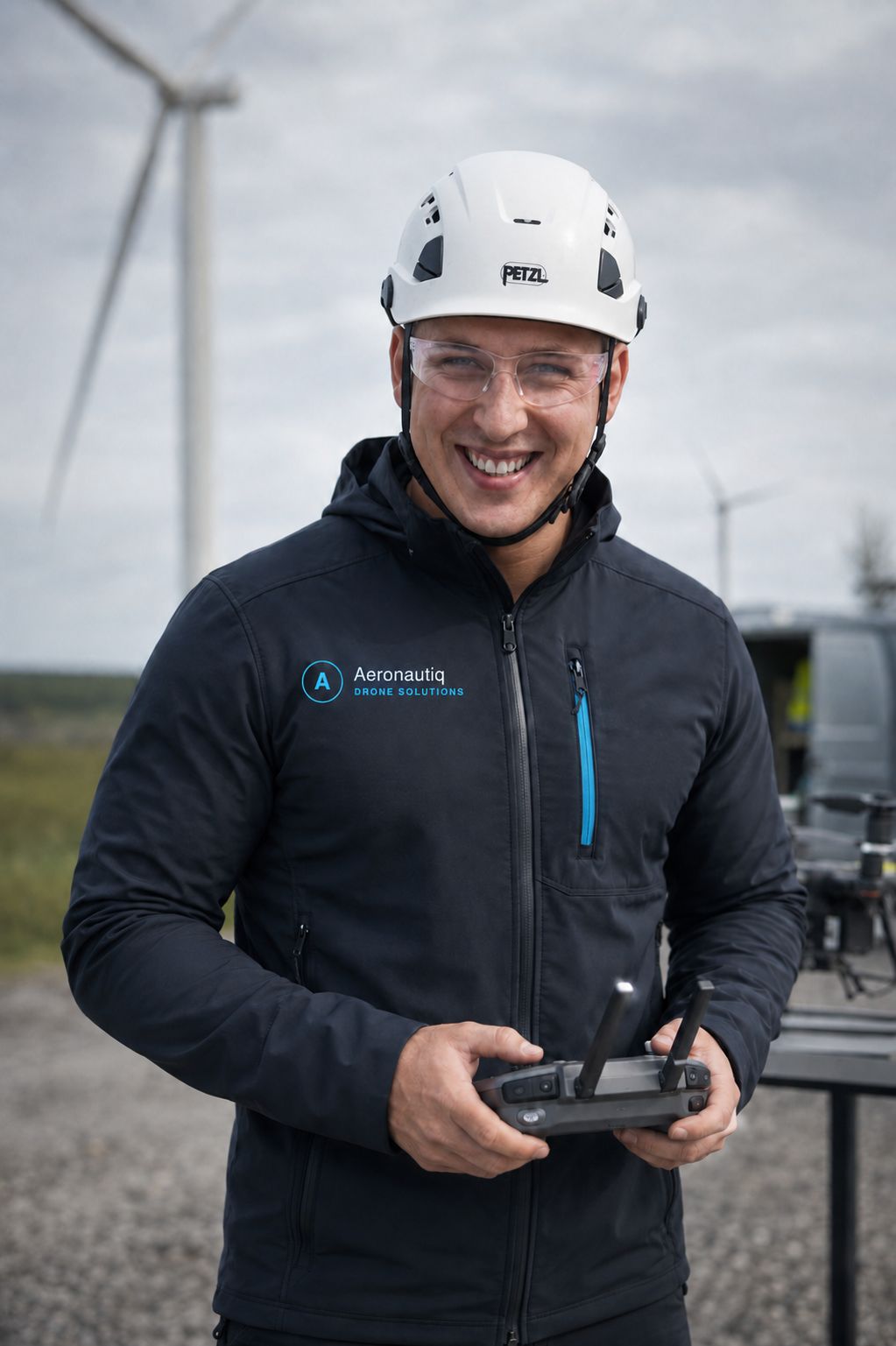 Jakub Klimczak, piloto de drones de Aeronautiq, con casco y gafas de protección y un mando frente a aerogeneradores